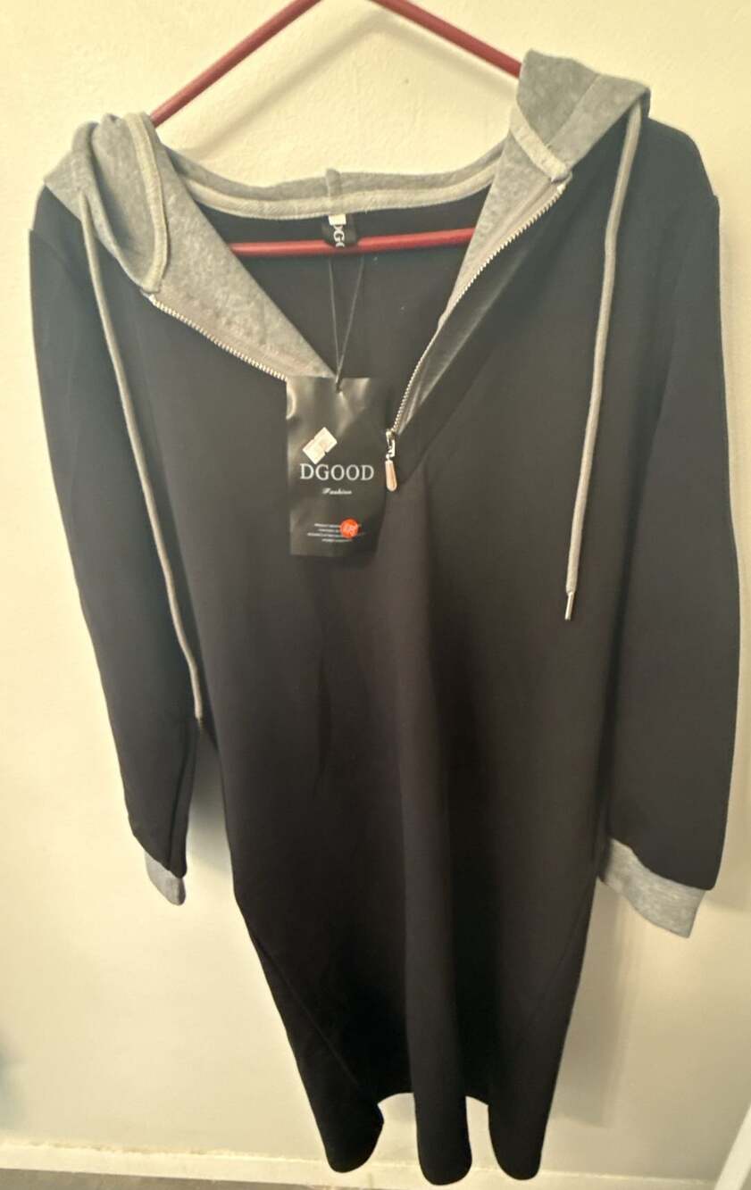 DGOOD Women's Quarter-Zip Hooded Maxi Dress with Contrast Grey Cuffs and Hood